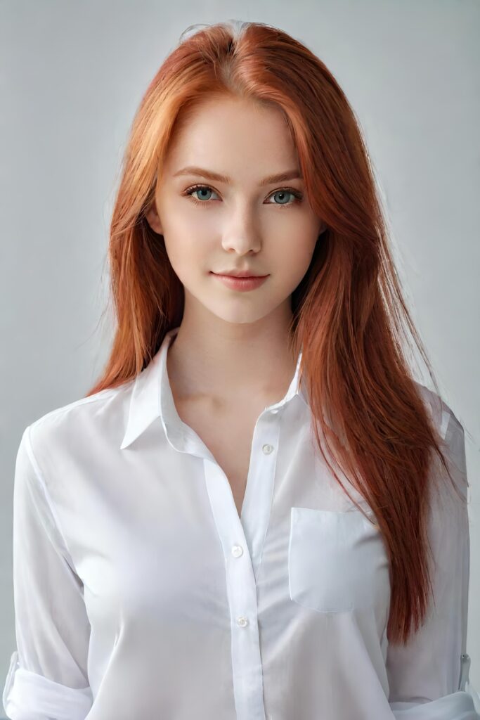 super realistic, detailed portrait, a beautiful young girl with long hair looks sweetly into the camera. She wears a white shirt.