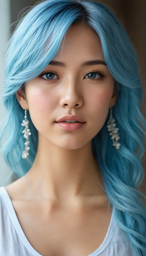 hyper-realistic, intricately detailed portrait of a stunning young Asian woman with flowing, soft blue hair cascading down her shoulders, caught in an ethereal glow. Her enchanting round eyes sparkle with depth and emotion, inviting the viewer into her world. She wears a delicate, flowing white tank top that hints at elegance, accessorized with shimmering silver earrings. The background features a dreamlike bokeh of soft pastel colors, blending seamlessly to enhance her beauty, with hints of floral motifs echoing a whimsical fairytale vibe. The lighting is warm and inviting, casting gentle shadows that accentuate her features, creating a sense of serenity and charm.