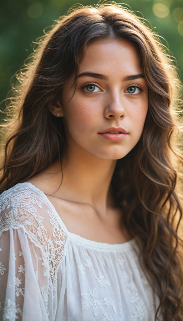 a hyper-realistic portrait of a captivating young girl with flowing waves of silky hair cascading down her shoulders. She gazes sweetly into the camera, exuding charm and innocence. Her outfit features a delicate white crop top adorned with intricate lace details, hinting at a dreamy summer vibe. The background is softly blurred with hints of pastel floral patterns, creating an ethereal atmosphere, reminiscent of a whimsical fairy tale. Sunlight gently illuminates her face, highlighting her sparkling eyes and soft features, while a sprinkle of magical dust floats in the air, enhancing the enchanting scene.