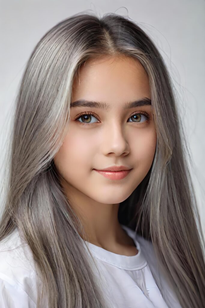 super realistic, detailed portrait, a beautiful young girl with long hair looks sweetly into the camera. She wears a white shirt.