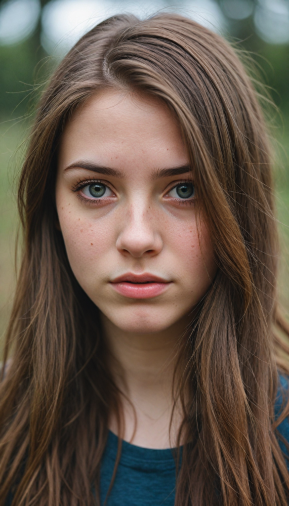 an upper body portrait from a beautiful teen emo girl with long, soft brown straight hair framing her face in gentle waves and amber eyes, tears silently flowing down her pale skin, expression conveying a profound sense of sadness and loneliness against a gray backdrop