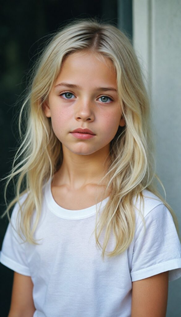 a breathtakingly detailed and hyperrealistic (professional photograph), portraying an intensely sorrowful expression on the face of a young girl with luxuriantly flowing, untamed, straight, silky white blonde hair cascading down her shoulders, despite its perfect length and texture suggesting advanced age, paired with a minimalist (white short sleeve T-shirt)