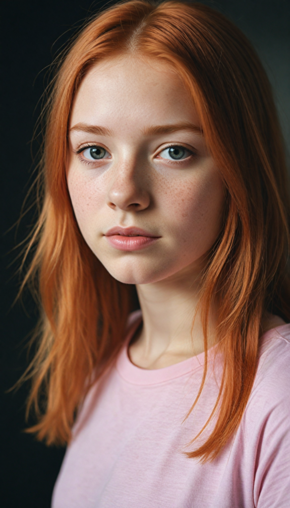 a innocent (red-haired teen girl), straight hair, wears a light pink thin form-fitting t-shirt