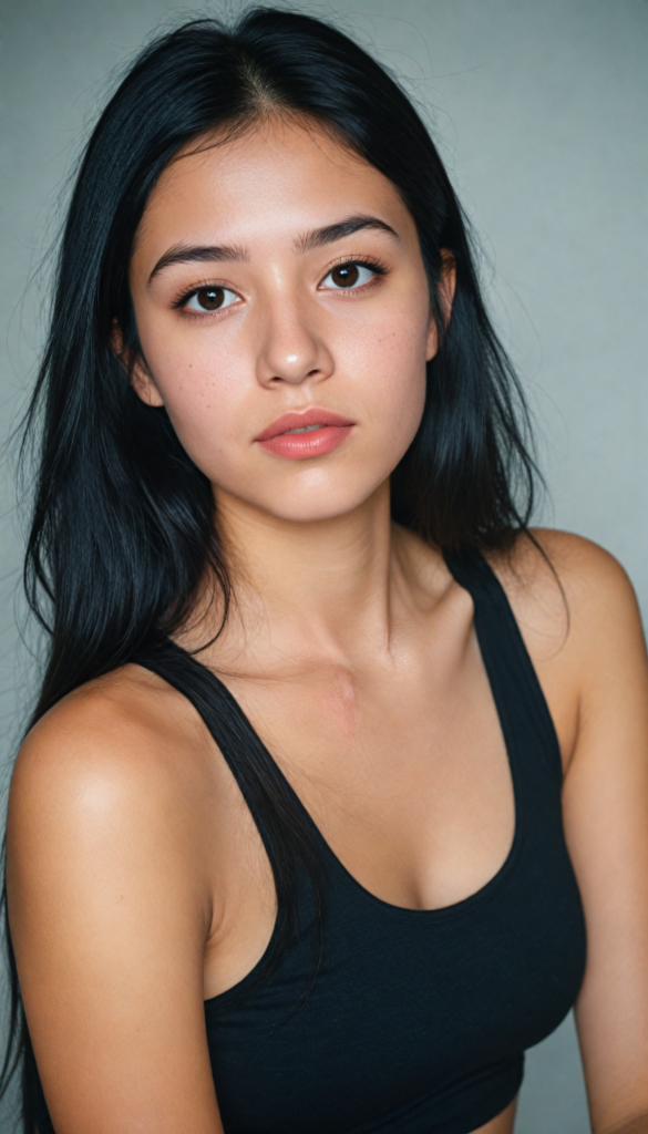 a (young girlie), wears a short cropped black tank top, straight soft long black hair, (round face), full kissable lips, round eyes, perfect skin