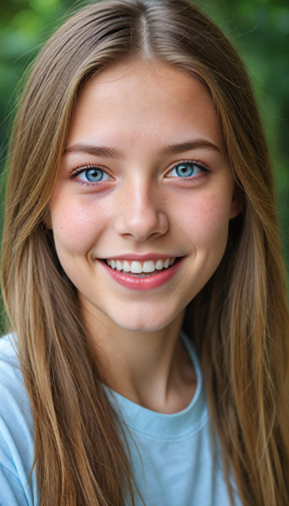 a (detailed portrait) from a silvery-skinned (young innocent girl), round, angelic face, flawless soft skin, long soft straight light brown hair, white t-shirt, light blue eyes, (full red lips), warm smile, white teeth