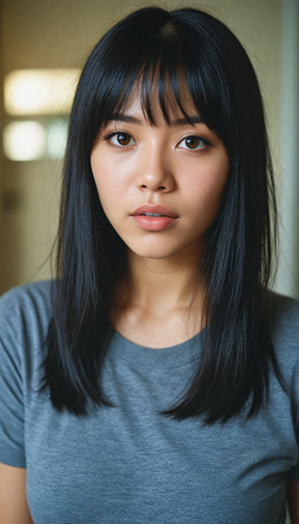 a stunningly detailed (photograph) representing a (Asian girl) with intricate, realistically drawn features like dynamically detailed straight long flowing black hair with bangs framing her face, full lips, eyes looking seductively with mouth slightly open, striking realistic and detailed eyes all against a sophisticated, softly lit (background) where she wears a modern minimalist grey t-shirt