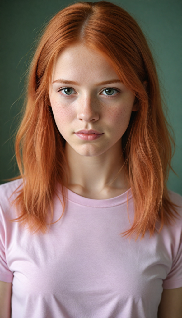 a innocent (red-haired teen girl), straight hair, wears a light pink thin form-fitting t-shirt