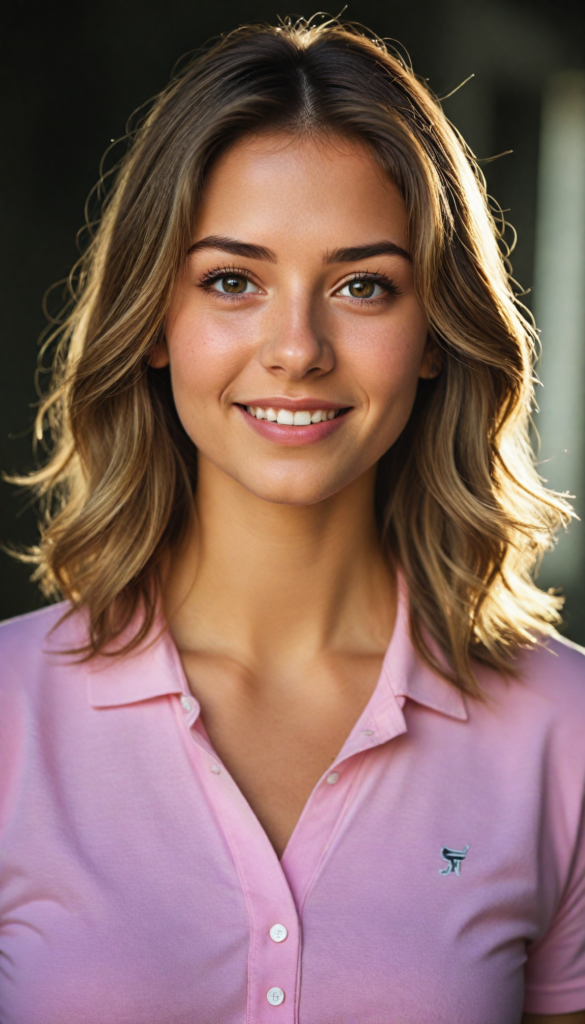 a (cute) (detailed and realistic) (young adult) (female) with long, flowing, voluminous, dark brown hair featuring blonde highlights, large, detailed and matching eyes, wearing a (thin form-fitting plain pink polo shirt), (tanned skin), (gorgeous), (stunning), (model), (smiling), (looking into the camera), (wearing only skin), (completely covered), (alluring pose), (sunlight catching her hair), (face illuminated), (looking into the camera)