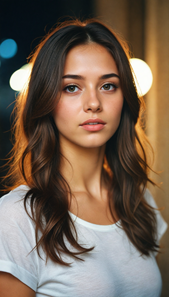 a beautifully realistic portrait, cinematic lights, Exotic teen girl, realistic detailed angelic round face, (realistic detailed eye) look at the camera, portrait shot, (wears a short (white t-shirt), white background, side perspective, (cute), (elegant), (attractive), (long, straight soft brown hair), (stunning)