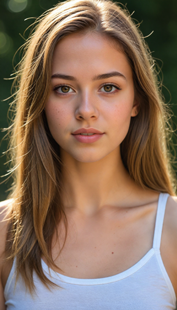 a very detailed and realistic portrait of a (cute teen girl), (long yet straight light brown hair), (realistic detailed brown eyes), (full kissable lips), (realistic detailed, light amber eyes), (face illuminated), (wearing a very low cut (white tank top) made on fine wool), perfect curved fit body