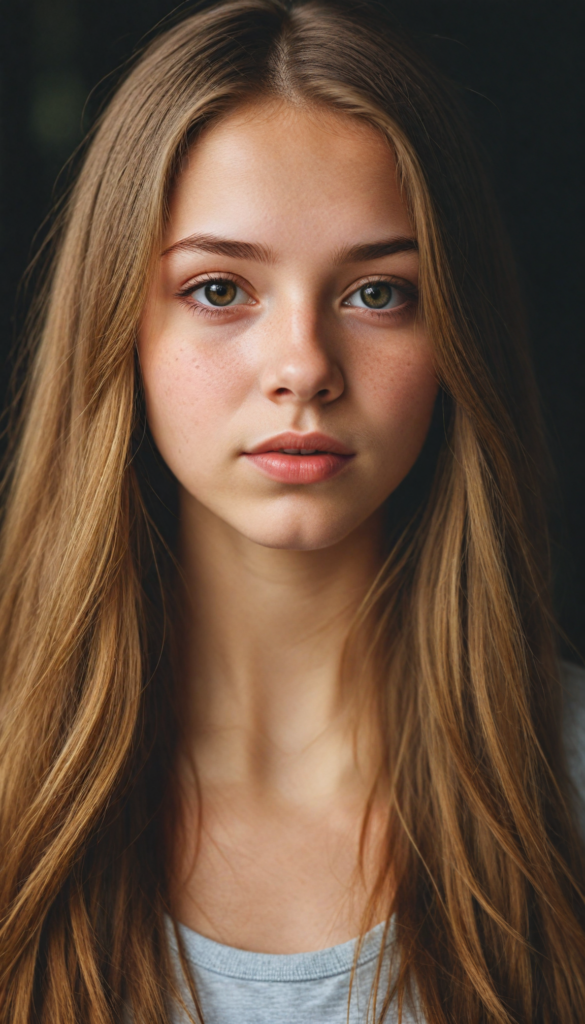 a very detailed and realistic portrait of a (cute teen girl), (long yet straight light brown hair), (realistic detailed brown eyes), (full kissable lips), (realistic detailed, light amber eyes), (face illuminated), perfect curved fit body