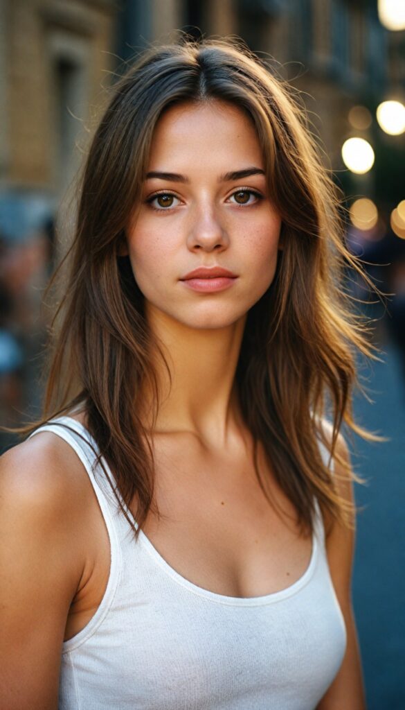 a very detailed and realistic portrait of a (cute teen girl), (long yet straight cooper-brown hair)), (realistic detailed (brown eyes), (full kissable lips), (realistic detailed, light amber eyes), (face illuminated), wearing a very low cut ((white tank top made on fine wool)), perfect curved fit body