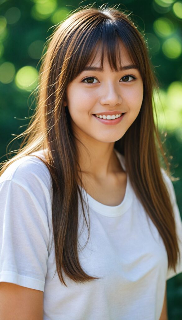 a detailed and realistic photo from a (cute) Asia teen girl (long, straight light brown hair, bangs), (stunning), beautifully realistic, cinematic lights, realistic detailed angelic round face, (realistic detailed amber eye) looks happy at the camera, perfect curved body, (wears a super short tight (white t-shirt)), perfect anatomy, side perspective, against a sunny green backdrop