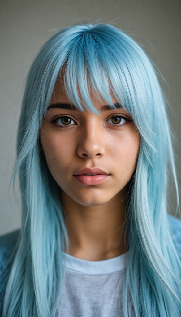 a beautifully drawn (brown-skinned teen emo girl) with flowing, softly waving (straight white hair) framing her face in side bangs and highlighted by a contrasting light blue complexion, expressing a poignant feeling of melancholy and emotional detachment, set against a softly grey (backdrop)