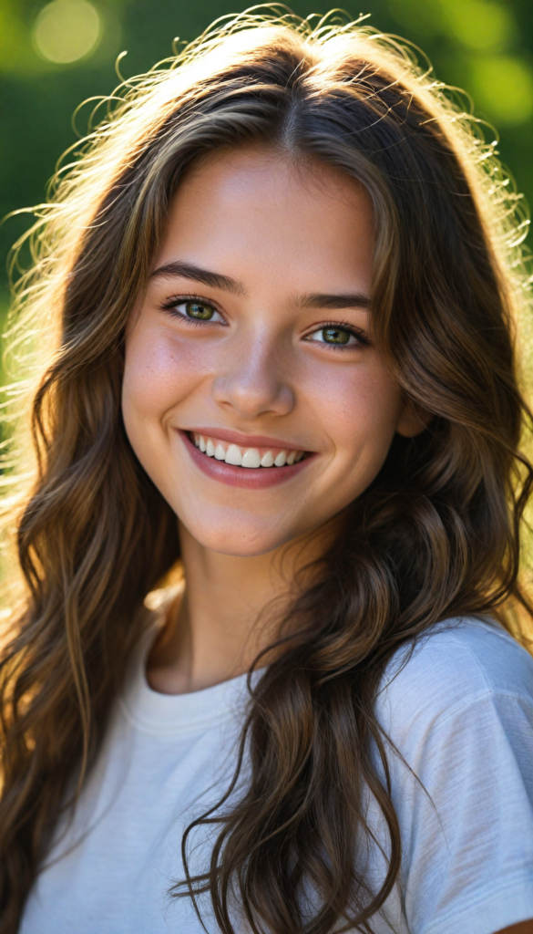 (portrait), detailed, (a young girl), long wavy soft detailed hair, realistic and detailed dark eyes, full lips, white t-shirt, smile, white teeth, against a sunny green backdrop