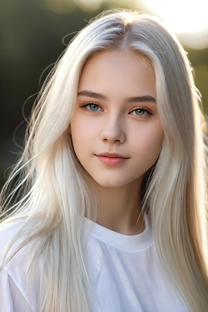 super realistic, detailed portrait, a beautiful young girl with long hair looks sweetly into the camera. She wears a white shirt.