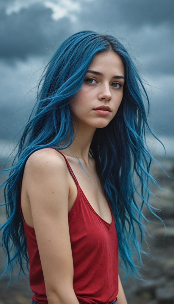 an illustrated teen emo girl with luxuriously long, flowing blue hair cascading like silk, set against a strikingly detailed backdrop of swirling gray clouds and ethereal shadows. Tears glisten on her cheeks, capturing the light like droplets of rain, as her amber eyes, deep and expressive, reveal a haunting sadness that conveys the burden of unspoken stories. The scene is accentuated by delicate hints of vibrant crimson in her attire, dreamlike atmosphere, she wears a red short tank top