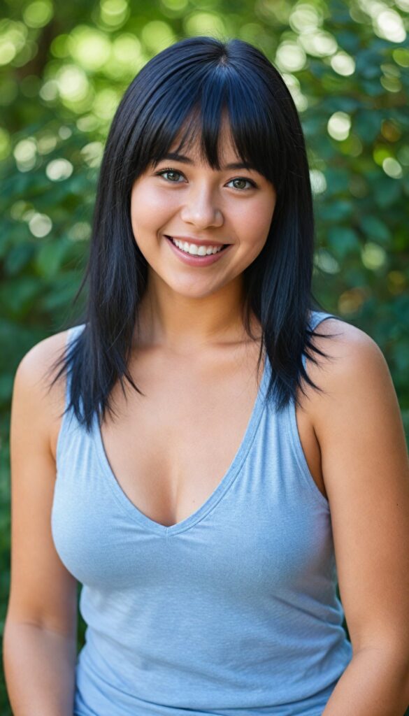 a portrait of a young chubby girl with (silky smooth, straight long dark blue obsidian soft detailed hair, bangs). Her very long hair falls over her shoulders and covers her upper body. She has sparkling, light blue eyes and a charming smile white teeth, full kissable lips, (she wears a tight, form-fitting short violet empty tank top with deep v-neck), all against a sunny green backdrop