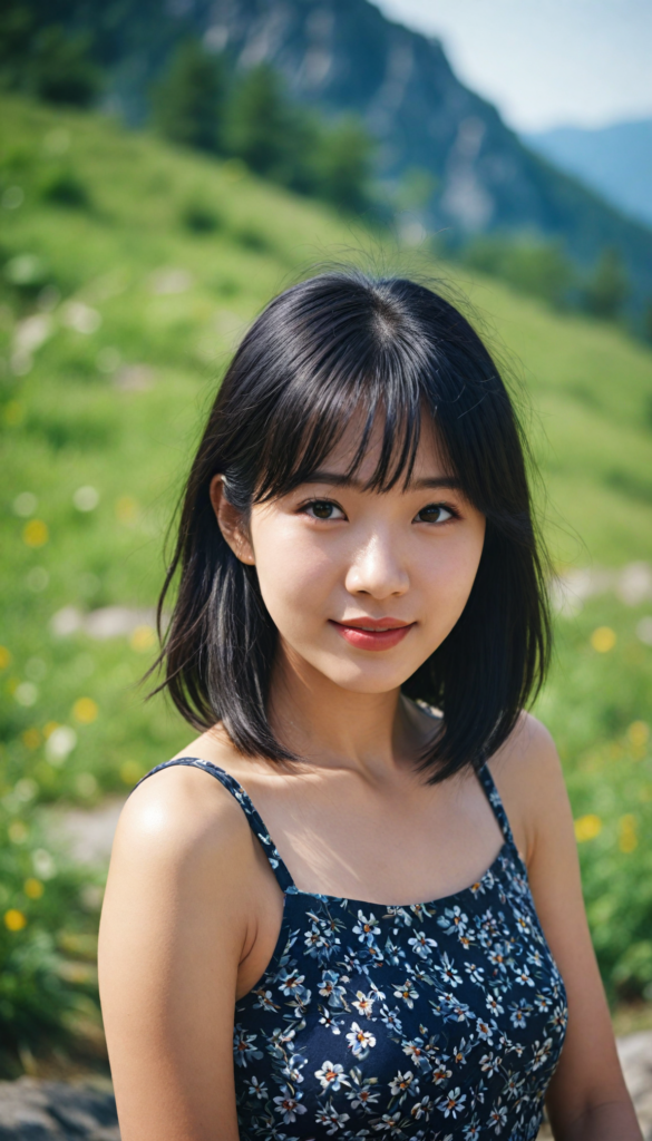 a (detailed and perfect portrait) of a (beautiful young cute Korean babe, warm smile, perfect body), round head and eyes, full red lips, with (very long, straight soft jet black hair), bangs cut, wearing a (deep neckline cropped spaghetti tank top in flower style and tattered short mini skirt) (top of the mountain) (beautiful landscape)