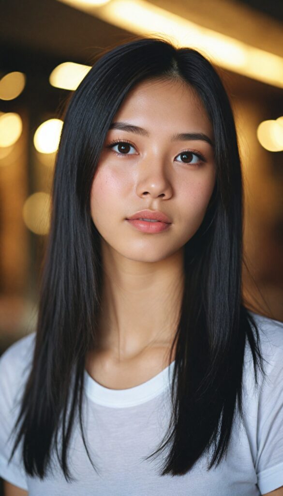 a portrait of (cute) (elegant) (attractive) (long, straight hair) (stunning) a beautifully realistic, cinematic lights, Asian teen girl, realistic detailed angelic round face, (realistic detailed eye) looks sadly at the camera, perfect curved body, (wears a super short tight (white t-shirt) made on thin silk), perfect anatomy, side perspective