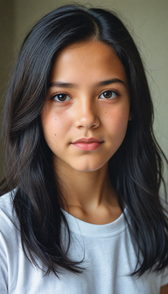 super realistic, detailed portrait, a beautiful young girl with long obsidian hair looks sweetly into the camera. She wears a white t-shirt.