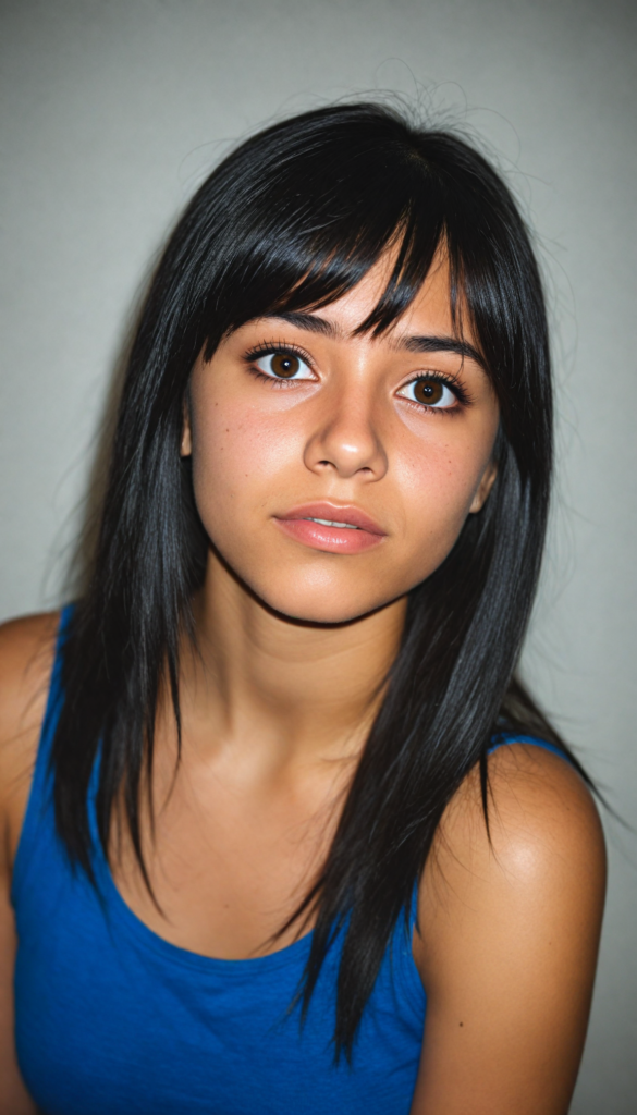 super realistic, 4k, detailed face, cute young Latino teen girl, long obsidian black straight soft hair, bangs cut, wear a blue crop tank top, looks at the camera, portrait shot, super realistic amber eyes