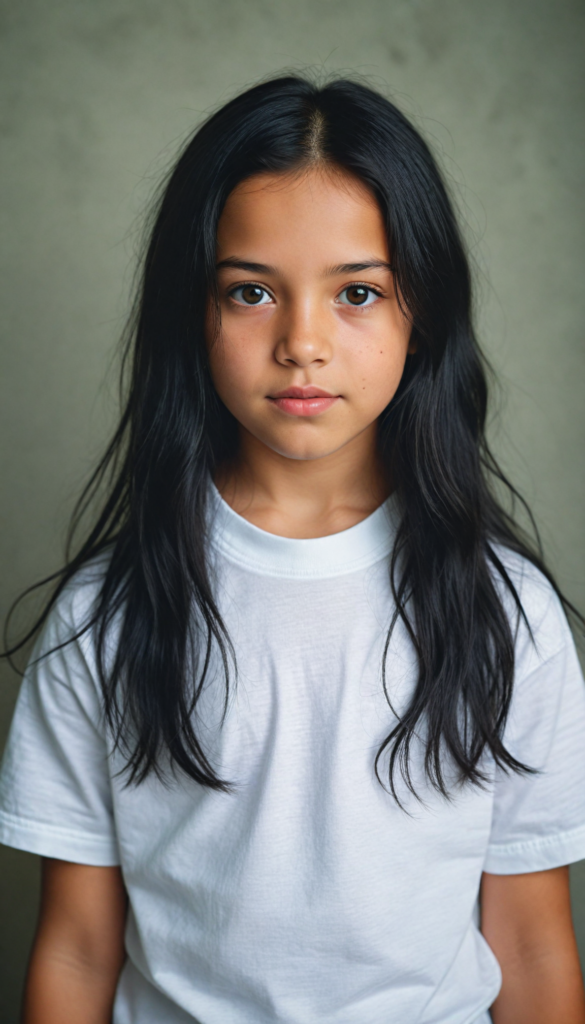 super realistic, detailed portrait, a beautiful young girl with long obsidian hair looks sweetly into the camera. She wears a white t-shirt.