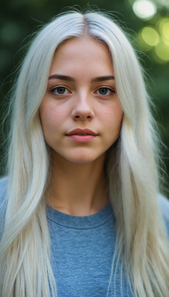 detailed and realistic photo from a young teenage girl, straight long jet soft white hair, natural backdrop