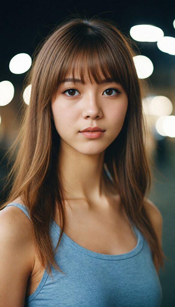 (portrait) of (cute) (elegant) (attractive) (long, straight hazelnut hair) (stunning) a beautifully realistic, cinematic lights, Japanese teen girl, bangs cut, realistic detailed angelic round face, (realistic detailed hazelnut eye) looks sadly at the camera, portrait shot, perfect curved body, (wears a super short tight (tank top)), perfect anatomy, side perspective