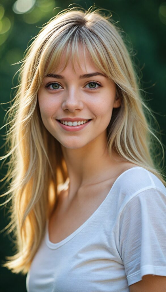 a detailed and realistic photo from a (cute) Europe teen girl (long, straight light blond hair, bangs), (stunning), (gorgeous), beautifully realistic, cinematic lights, realistic detailed angelic round face, (realistic detailed amber eye) looks happy at the camera, perfect curved body, (wears a super short tight (white t-shirt)), perfect anatomy, side perspective, against a sunny green backdrop