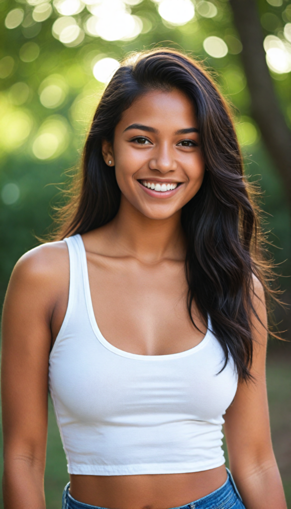 a (brown-skinned teen girl) with a joyful and sunny smile, wearing a sleek and fitted short crop white tank top that showcases her perfect, curves, captured in a (flawless portrait), with black long straight smooth hair