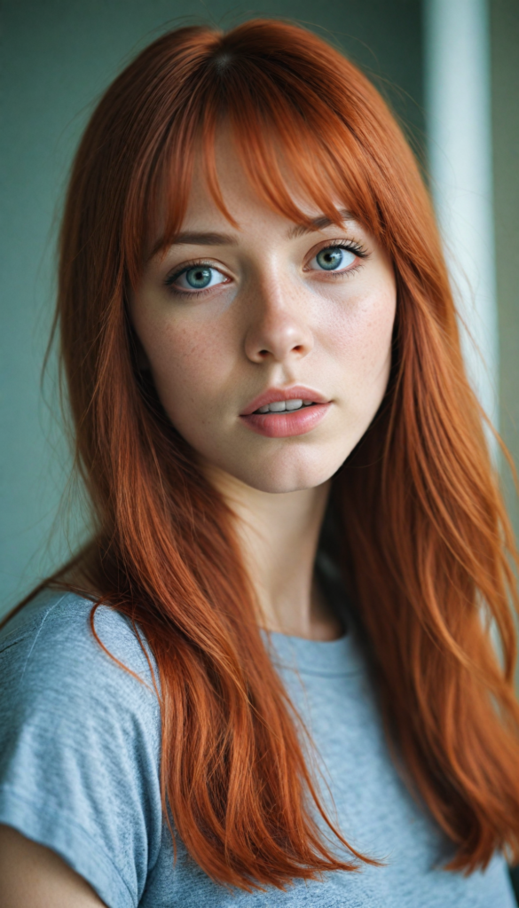 a stunningly detailed (photograph) representing a (girl) with intricate, realistically drawn features like dynamically detailed straight long flowing red hair with bangs framing her face, full lips, eyes looking seductively with mouth slightly open, striking realistic and detailed eyes all against a sophisticated, softly lit (background) where she wears a modern minimalist grey t-shirt