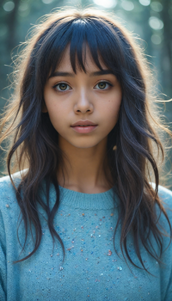 a whimsically illustrated (brown-skinned teen emo girl) with cascading, gently waving (straight hair) framed by playful side bangs, illuminated by a mesmerizing iridescent light blue complexion that subtly glimmers, her eyes reflecting a profound sense of melancholy and emotional detachment, surrounded by ethereal wisps of fog that dance in the softly fogy (backdrop), reminiscent of a surreal dreamscape, hinting at an otherworldly atmosphere inspired by the art styles of Tim Burton and Yoshitaka Amano, she wears a light blue sweater made of super fine wool