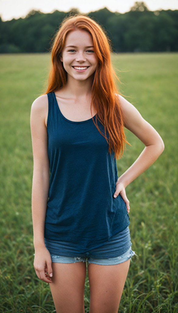 a (cute little red-haired teen girl), straight long hair, smile very happy, stands confidently in a field, she wears a thin tank top, perfect body (perfect portrait)