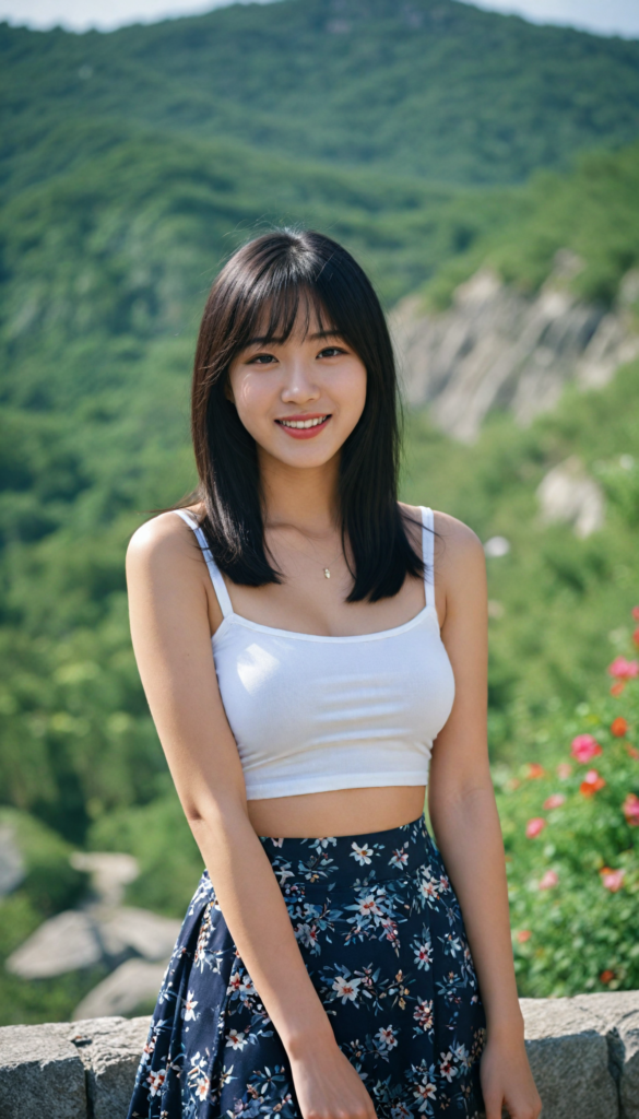 a (detailed and perfect portrait) of a (beautiful young cute Korean babe, warm smile, perfect body), round head and eyes, full red lips, with (very long, straight soft jet black hair), bangs cut, wearing a (deep neckline cropped spaghetti tank top in flower style and tattered short mini skirt) (top of the mountain) (beautiful landscape)