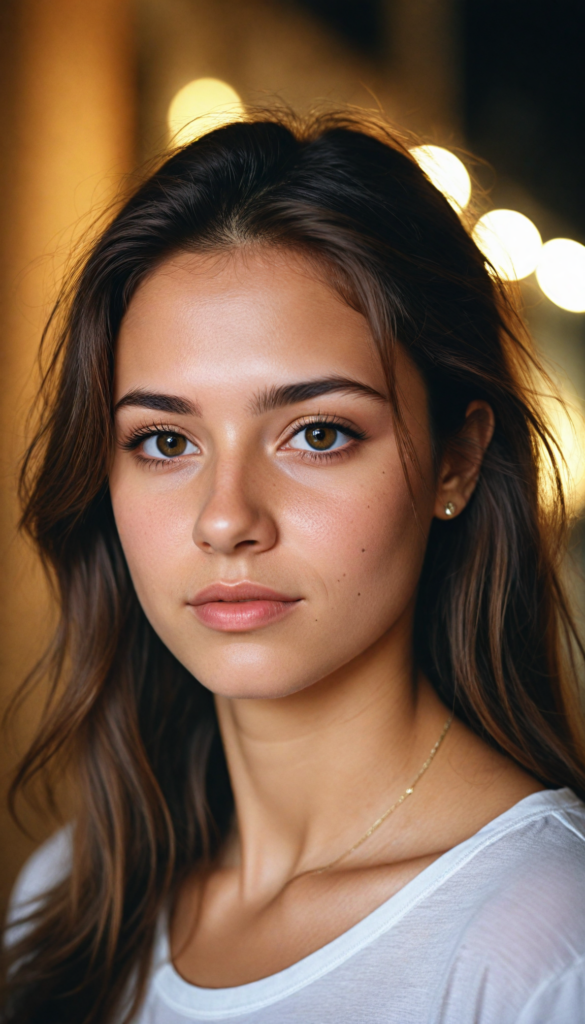 a beautifully realistic portrait, cinematic lights, Exotic teen girl, realistic detailed angelic round face, (realistic detailed eye) look at the camera, portrait shot, (wears a short (white t-shirt), white background, side perspective, (cute), (elegant), (attractive), (long, straight soft brown hair), (stunning)