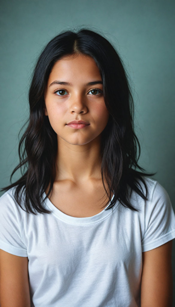 super realistic, detailed portrait, a beautiful young girl with long obsidian hair looks sweetly into the camera. She wears a white t-shirt.