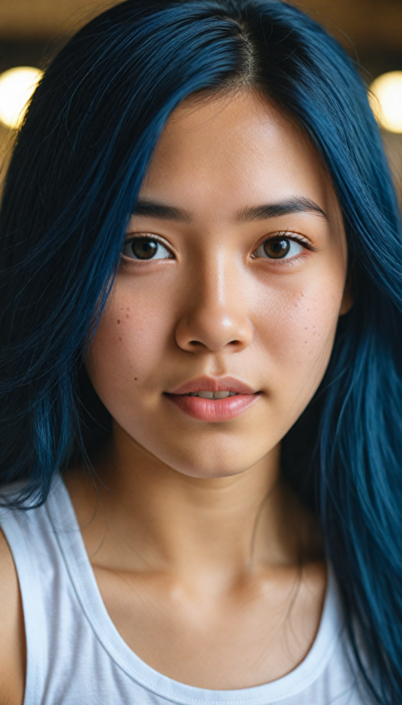 super realistic, detailed portrait, a beautiful young Asian girl with long dark blue hair looks sweetly into the camera. She wears a white tank top.