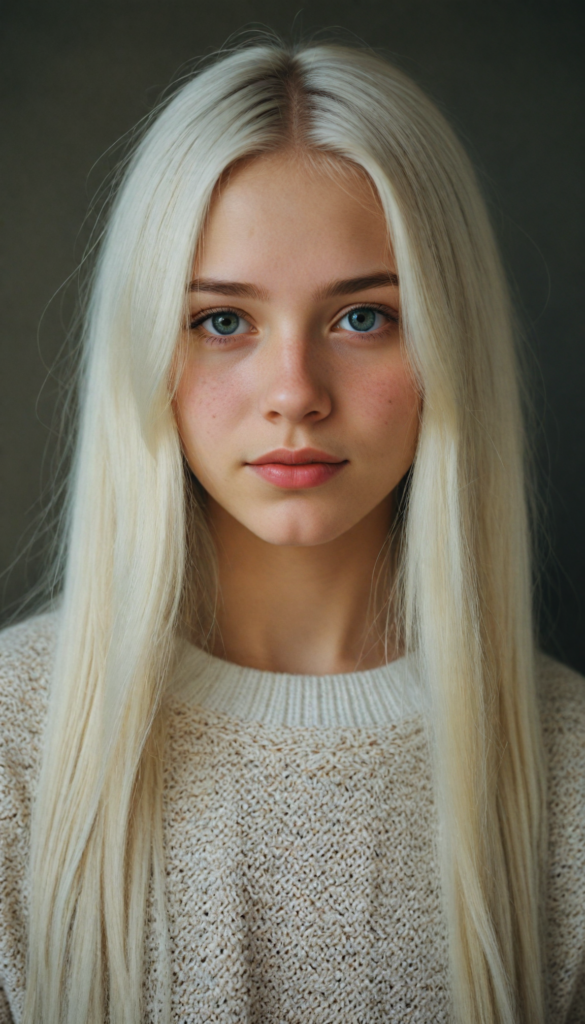 a (young teen girl), wears a super fine wool sweater, (long straight white hair) super realistic