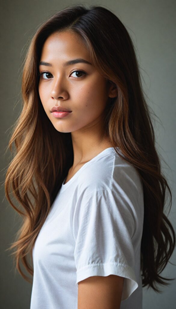 a breathtakingly (realistic portrait), capturing the essence of youthful beauty, featuring a (Burmese teen girl) who exudes (serene elegance), with long, flowing (straight hazelnut hair), and a (flawlessly detailed angelic face), where her (soft, realistic hazelnut eyes), gaze sadly towards the viewer from a (side perspective). She is clad in a (super short, sharply tailored (white T-shirt), cut from thin silk), with flawless anatomical proportions that draw the eye, against a (subtle, uncluttered backdrop of white). The overall atmosphere evokes a (cinematic sophistication) that exudes timeless appeal