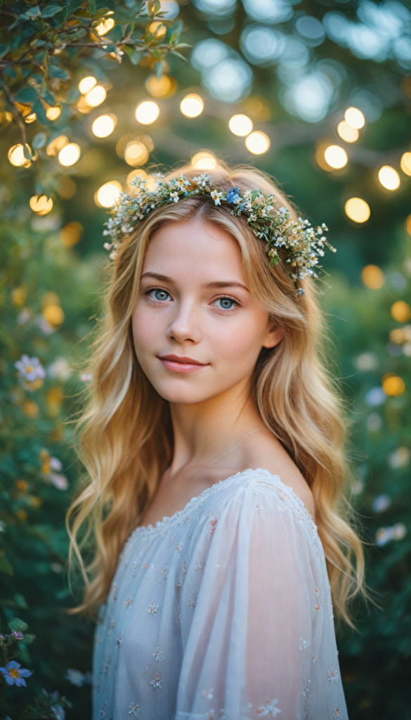 a whimsical portrait of a radiant young girl with cascading golden blonde hair adorned with delicate wildflowers, her sparkling blue eyes glimmering with joy as she gazes sweetly into the camera, surrounded by a dreamlike ethereal garden filled with vibrant colors and soft, glowing lights, reminiscent of a fairy tale illustration in the style of Mary Blair, evoking a sense of wonder and warmth