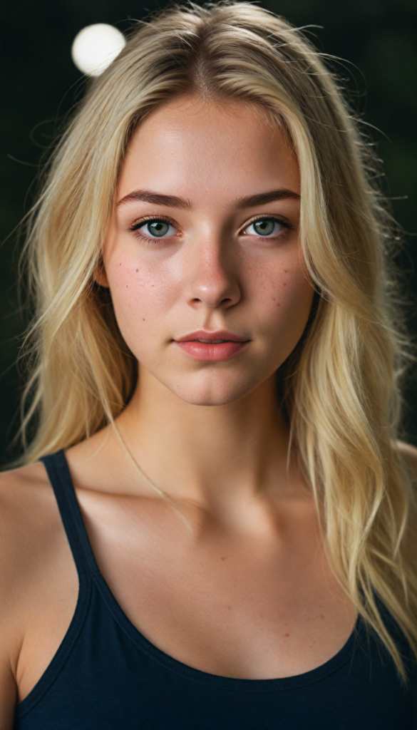 a beautiful (teen girl) with blonde hair, styled in a sleek, short-cropped top, (vividly realistic photo), set against a dimly lit environment that softly highlights her features