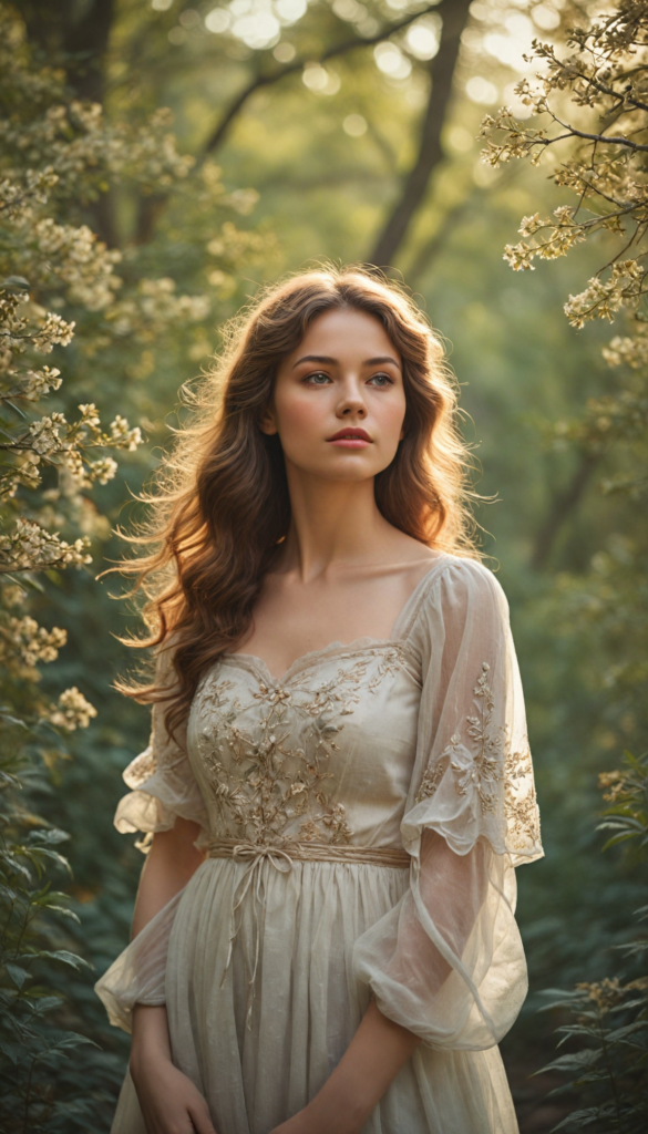 a dreamlike portrait of a stunning girl, her features softly illuminated with a warm, golden glow, enveloped in a delicate, ethereal haze that swirls around her like mist in a twilight forest, reminiscent of a 1970s romantic novel cover; her hair flows like liquid gold, adorned with wildflowers, as she gazes thoughtfully into the distance, embodying a sense of serene enchantment and nostalgia, capturing the whimsical elegance of a vintage art style reminiscent of classic fairy tales, blending realism with surrealism in a soft, painterly texture.