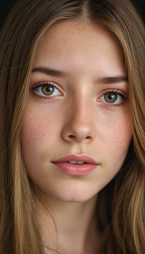 a very detailed and realistic portrait of a (cute teen girl), (long yet straight light brown hair), (realistic detailed brown eyes), (full kissable lips), (realistic detailed, light amber eyes), (face illuminated), perfect curved fit body