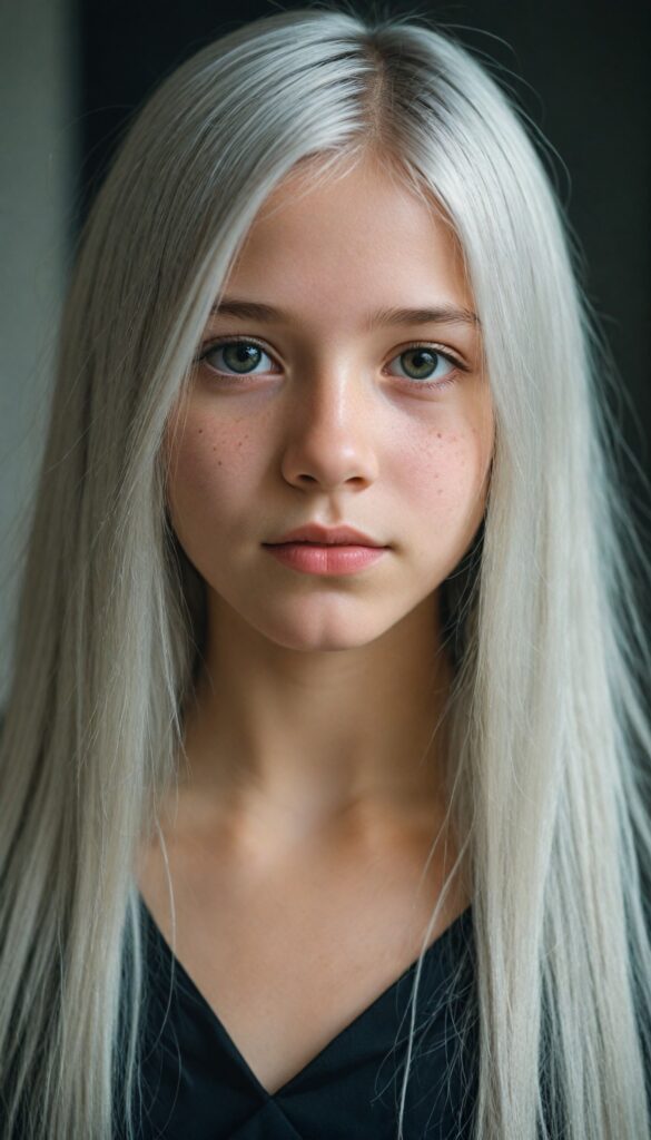 (portrait), detailed, silvery-skinned (young girl), long straight platinum hair, (black thin and short dress)