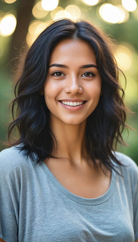 captivating portrait of an enchanting young exotic girl with a playful smile, wearing a soft grey t-shirt that contrasts with her flowing, intricately detailed black straight hair cascading around her shoulders. Her expressive brown eyes sparkle with joy and mischief, framed by delicate lashes, while her perfectly curved silhouette subtly blends into the soft, warm background reminiscent of a dreamy sunset. The composition captures an ethereal quality, enhanced by gentle bokeh effects that add a sense of whimsy, inspired by the warmth of impressionist art and the charm of contemporary portrait photography.