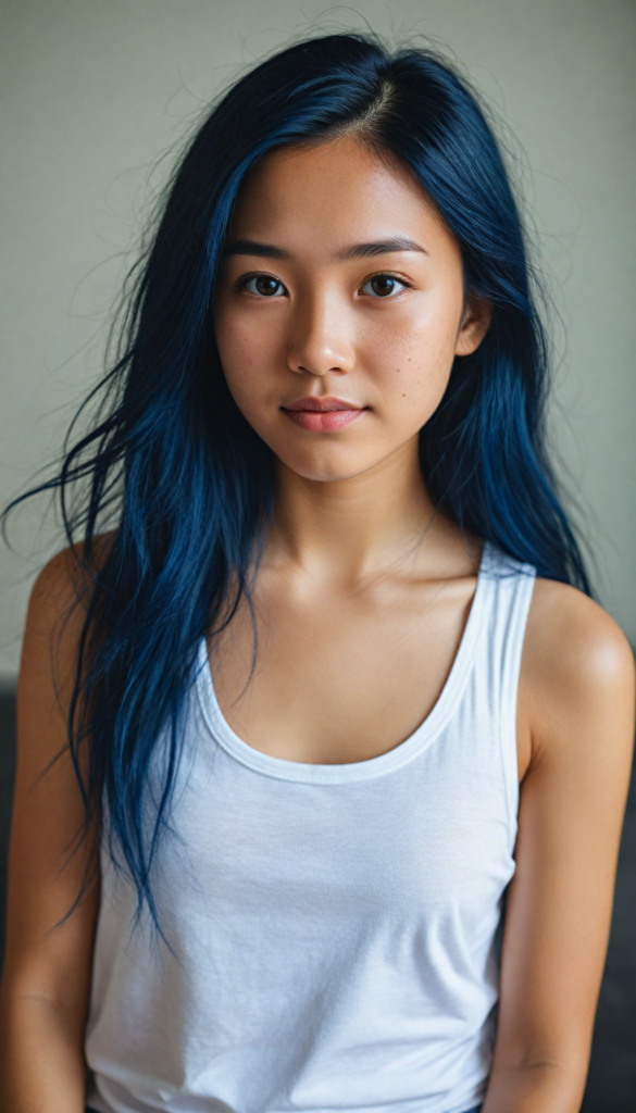 super realistic, detailed portrait, a beautiful young Asian girl with long dark blue hair looks sweetly into the camera. She wears a white tank top.