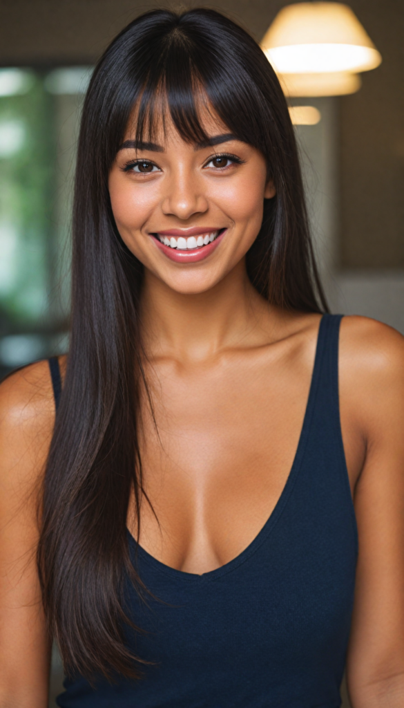 (close up portrait) of a (beautiful) (cute) (tanned) girl, (very long jet brown-black straight hair), (bangs), (plump lips), (seductive look), wide open front, (perfect curvy body), (tank top, deep v-neck), (cheerful smile), (face illuminated), (looking into the camera)