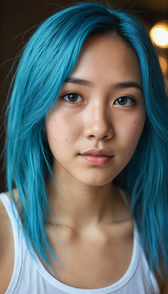 super realistic, detailed portrait, a beautiful young Asian girl with long blue soft detailed hair looks sweetly into the camera. She wears a white tank top