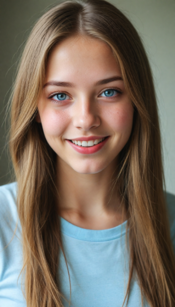 a (detailed portrait) from a silvery-skinned (young innocent girl), round, angelic face, flawless soft skin, long soft straight light brown hair, white t-shirt, light blue eyes, (full red lips), warm smile, white teeth